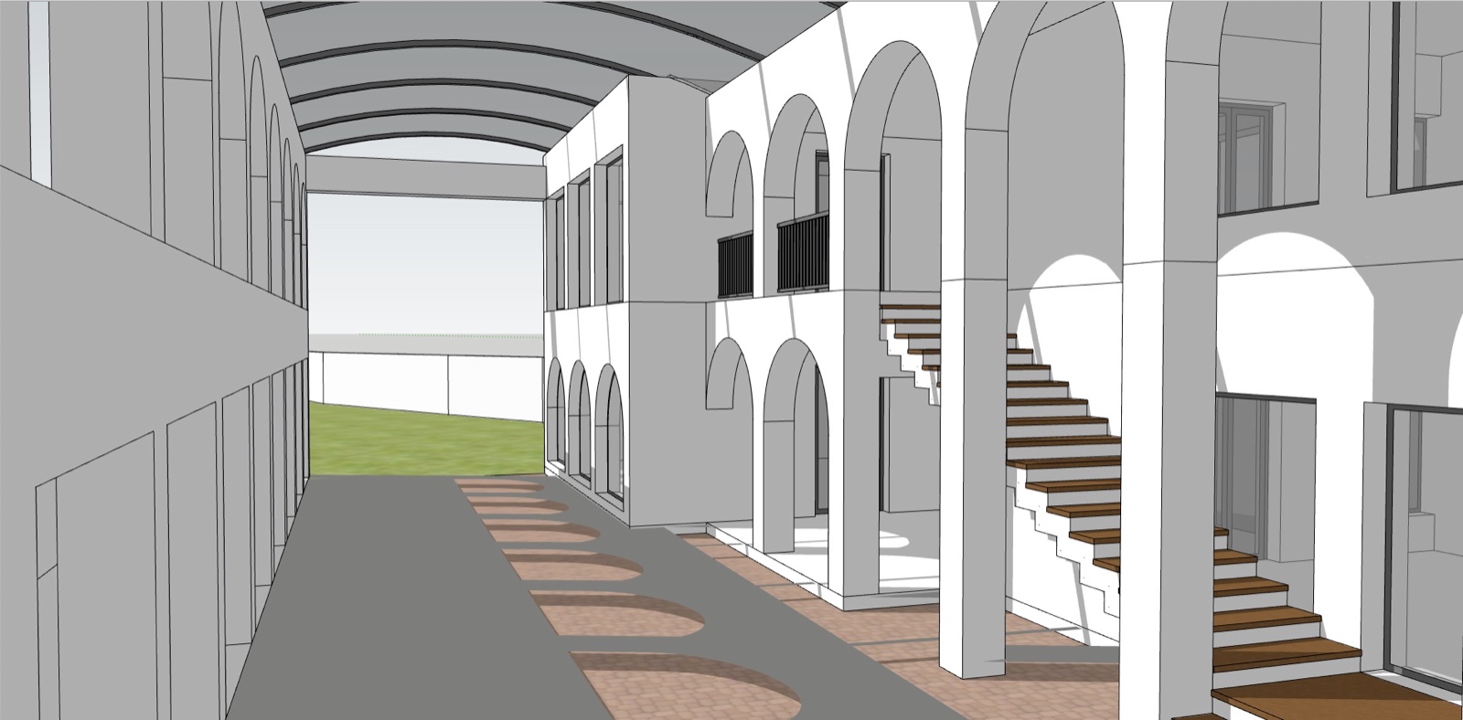 Colonnade Walkway & Central Staircase 3D Architectural Blueprint